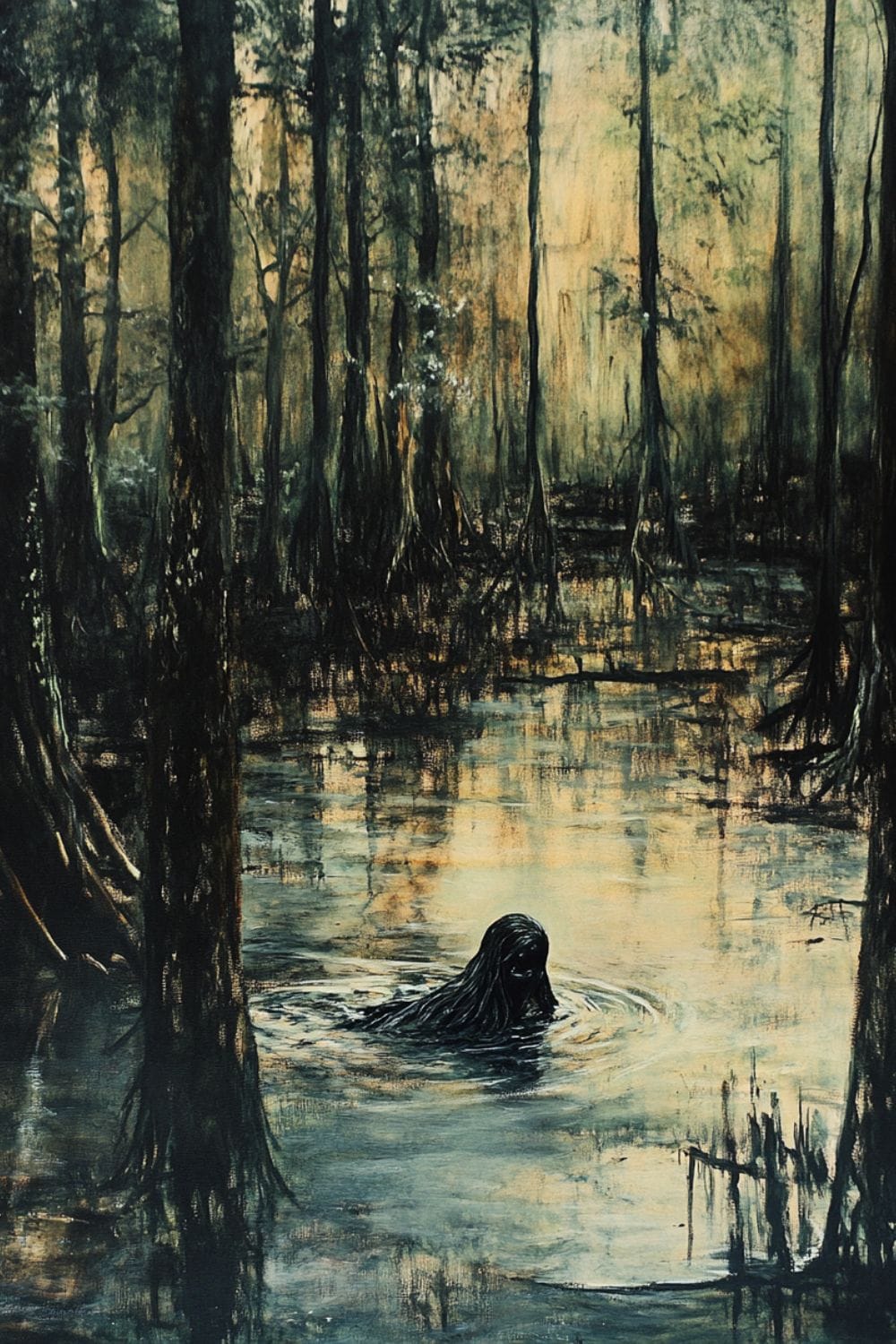 A creature that looks like a swamp witch emerging from the swater of a swamp