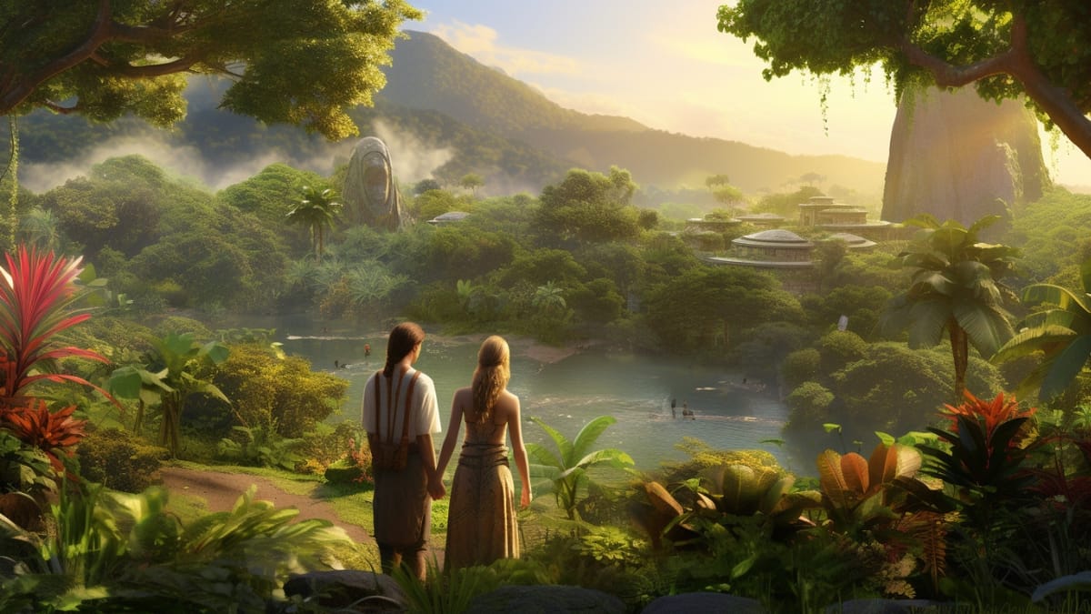 Illustration of a Man and Woman Admiring a Futuristic Forest Planet - FREE Download