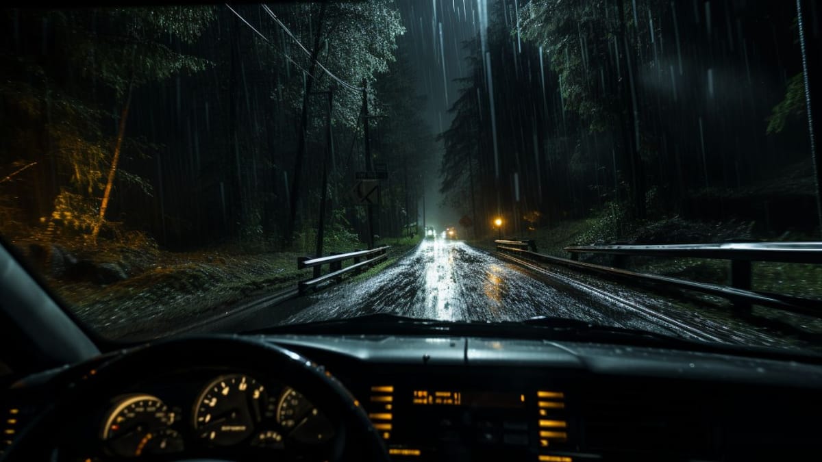 Drivers POV Driving Through a Forest on a Rainy Night - FREE Download