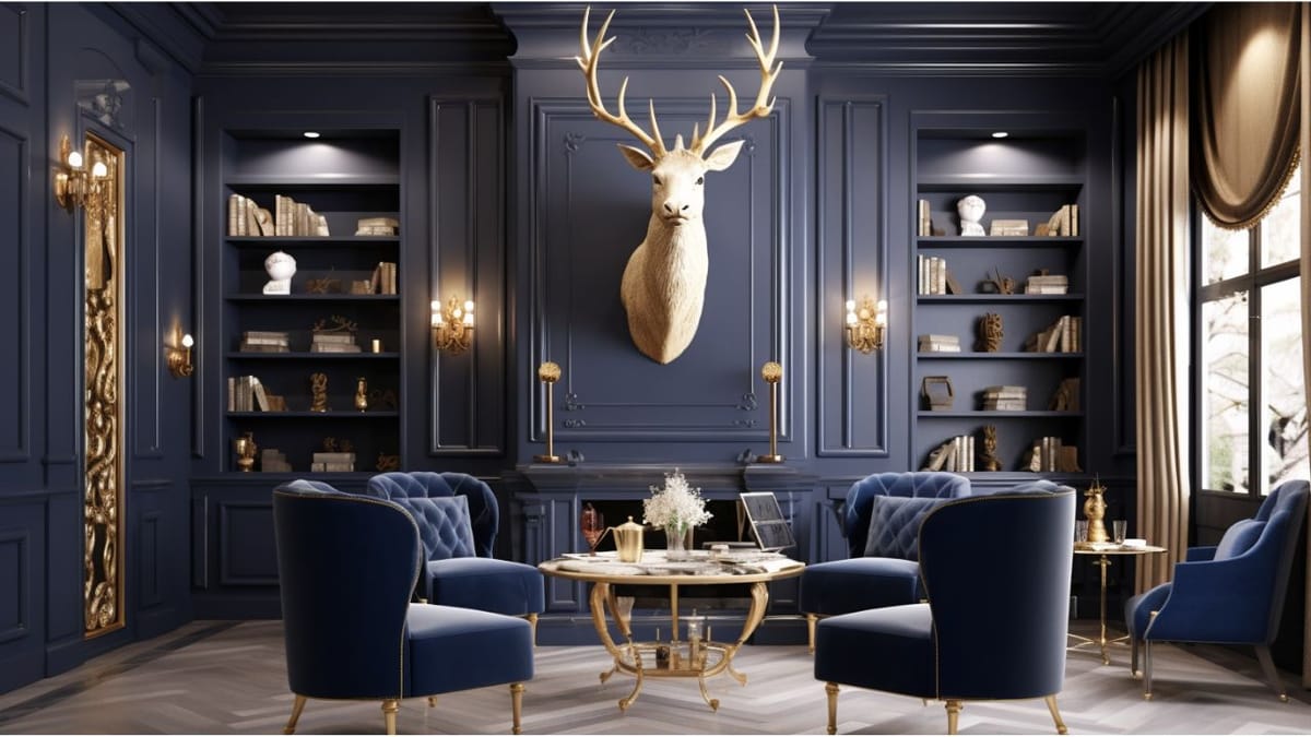 Royal Blue Themed Living Room with a Stags Head on the Wall - Free Download